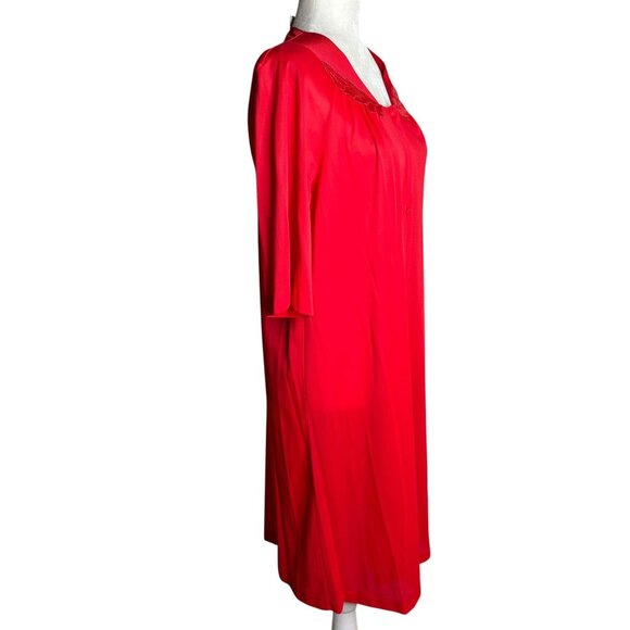 Vintage 80s Vassarette Red Nylon Button-Front Robe Nightgown Embroidered Collar - Picture 5 of 6